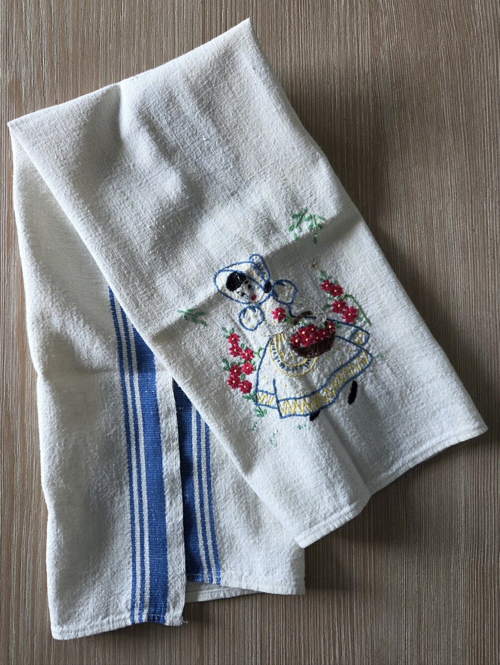 Vintage 1940s 1950s Hand Embroidered Dutch Girl Blue Stripe Linen Tea Towel